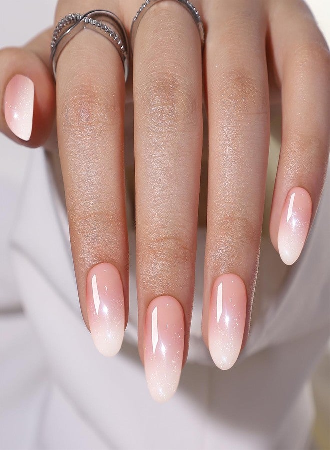 WAFOLOZE Almond Press on Nails, Almond Shaped Press On Nails, Nail Press ons Short Fake Nail Pink Ombre False Nail with Glitter Glue On Short Design Artificial Stick on Nails for Women 24Pcs - Image 2